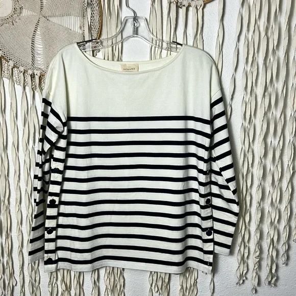 Sezane Navy and Cream Striped Long-Sleeve Button-Side Top - Picture 2 of 16
